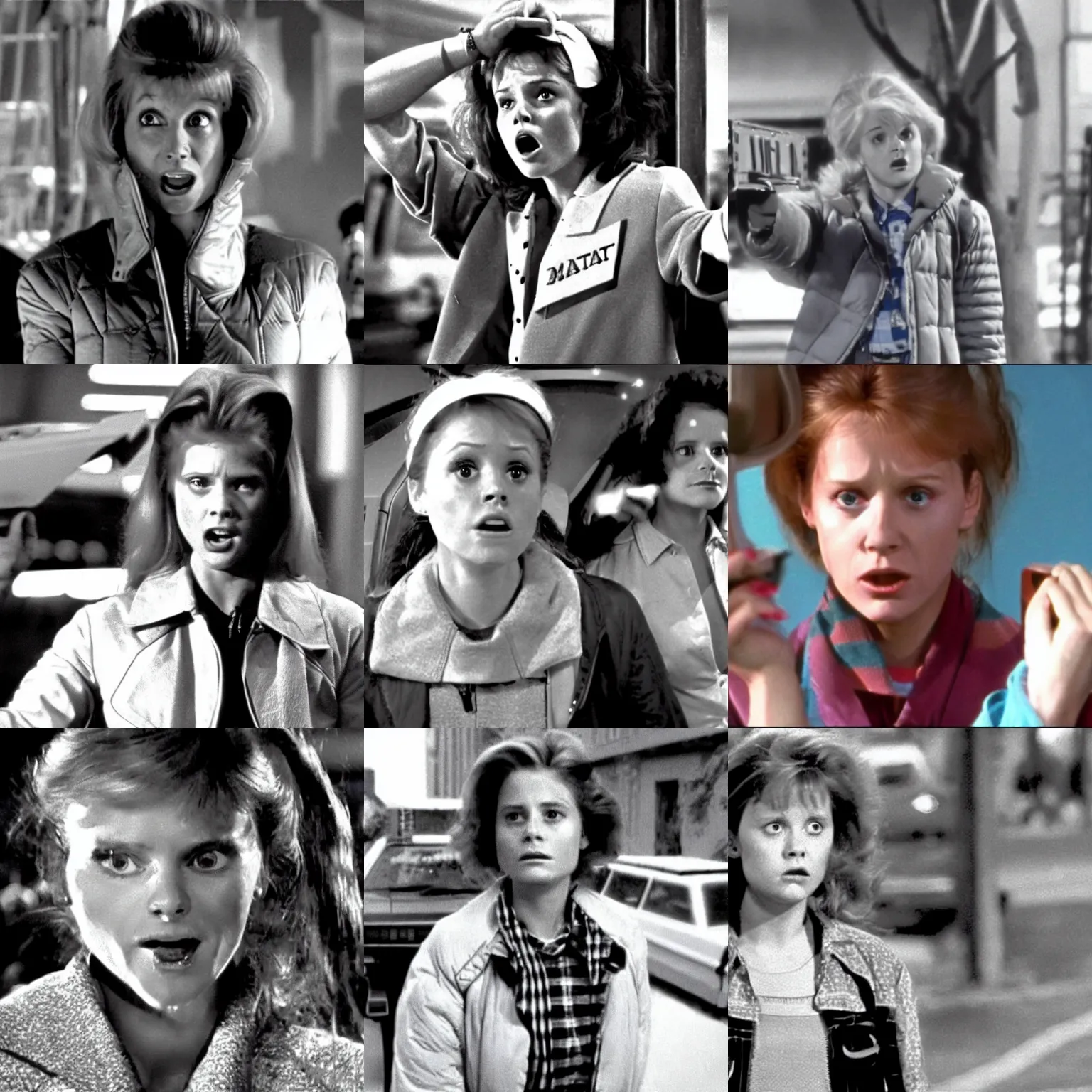 Prompt: shocked female marty mcfly, movie still from back to the future ( 1 9 8 5 )