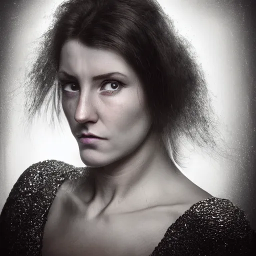 Prompt: head and shoulders portrait of a female knight with a anxious expression, scars under her grey eyes. sad and tired, steam punk neclace. light rays behind her. photo in the style of richard avedon.