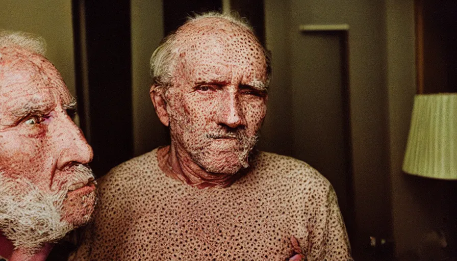 Image similar to 7 0 s movie still of a old man with trypophobia skin in the hospital, cinestill 8 0 0 t 3 5 mm eastmancolor, heavy grain, high quality, high detail