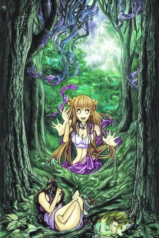 Prompt: pandora, haunted, mysterious magical treasure chest deep in the woods, by clamp