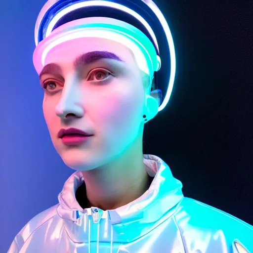 Prompt: an ultra high definition professional studio quality photograph of an artificially intelligent cyberpunk art influencer wearing a transparent iridescent pastel coloured face visor and matching ribbed raincoat on white coat hook in a sheer icelandic black rock environment. dramatic lighting. volumetric shadows. light rays