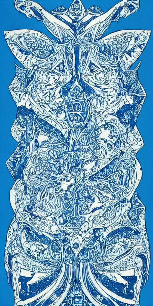 Image similar to blue paper + an intricate gemini depiction + symmetry + elaborate ink illustration