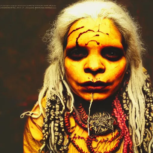 Prompt: realistic expired kodak film portrait of aghori tantrik albino india woman, tentacled creature mix, marigold celestial vibe, hyperrealism, hypermaxiymalism, photorealistic, detailed, atmospheric, 8 k, award winning photography, cinematic