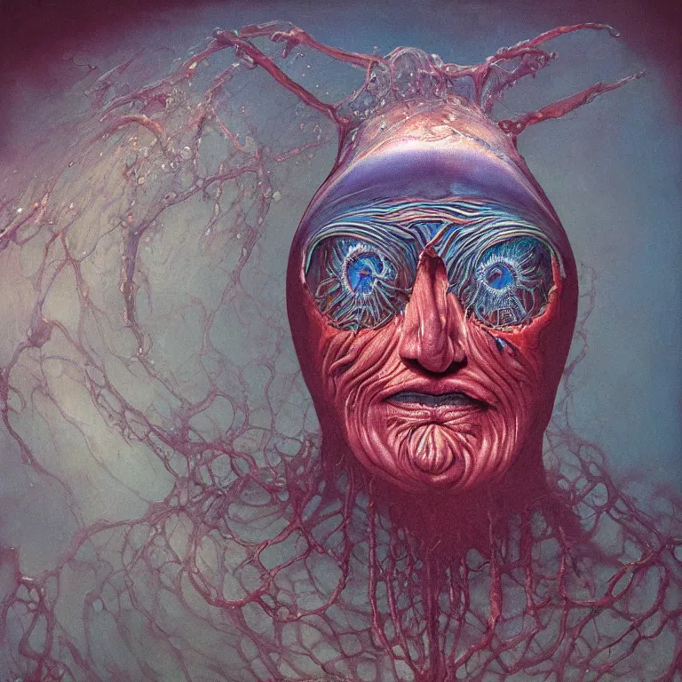 Prompt: Hyperrealistic intensely colored close up studio Photograph portrait of a deep sea bioluminescent Sting, symmetrical face realistic proportions eye contact, sitting in His throne underwater, award-winning portrait oil painting by Norman Rockwell and Zdzisław Beksiński vivid colors high contrast hyperrealism 8k