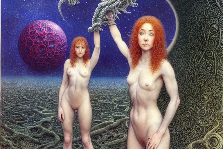 Image similar to cute young alyson hannigan with short hairs on lovecraftian planet by jean delville by luis royo and wayne barlowe, beksinski