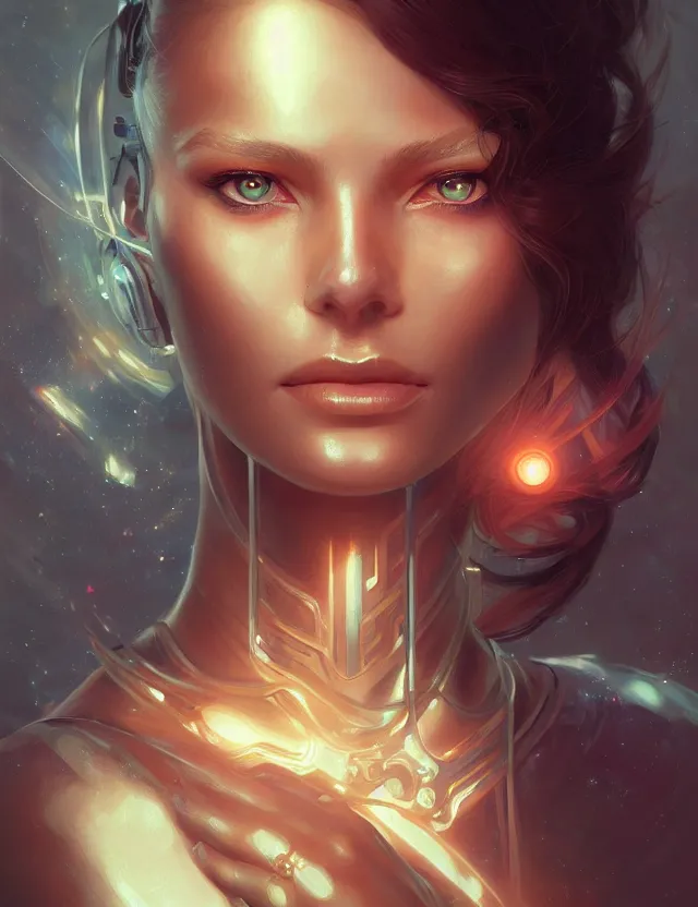 Image similar to futuristic woman portrait, sci-fi, amber eyes, face, long hair, fantasy, intricate, elegant, highly detailed, digital painting, artstation, concept art, smooth, sharp focus, illustration, art by artgerm and greg rutkowski and alphonse mucha