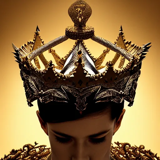 Image similar to elegant king's crown made of many folded wings, delicate, fantasy, intricate, elegant, dramatic lighting, emotionally evoking symbolic metaphor, highly detailed, lifelike, photorealistic, digital painting, artstation, concept art, smooth, sharp focus, illustration, art by John Collier and Albert Aublet and Krenz Cushart and Artem Demura and Alphonse Mucha