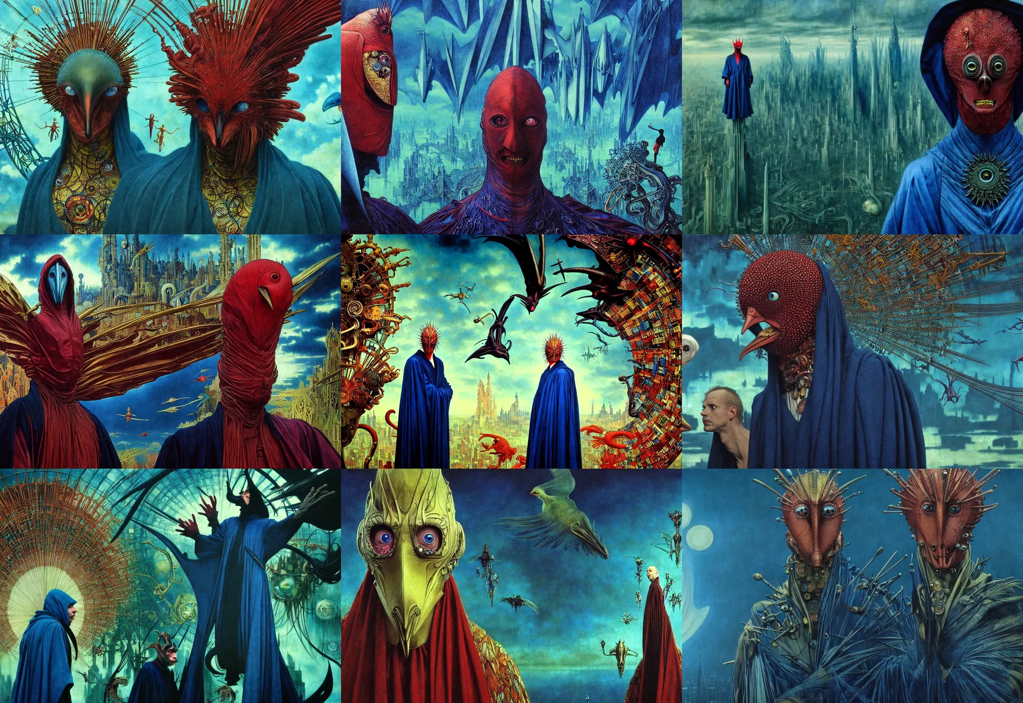 Prompt: realistic detailed portrait movie still of a birdman wearing dark robes, sci fi city landscape background by denis villeneuve, amano, yves tanguy, alphonse mucha, ernst haeckel, max ernst, roger dean, masterpiece, rich moody colours, blue eyes, snarling dog teeth