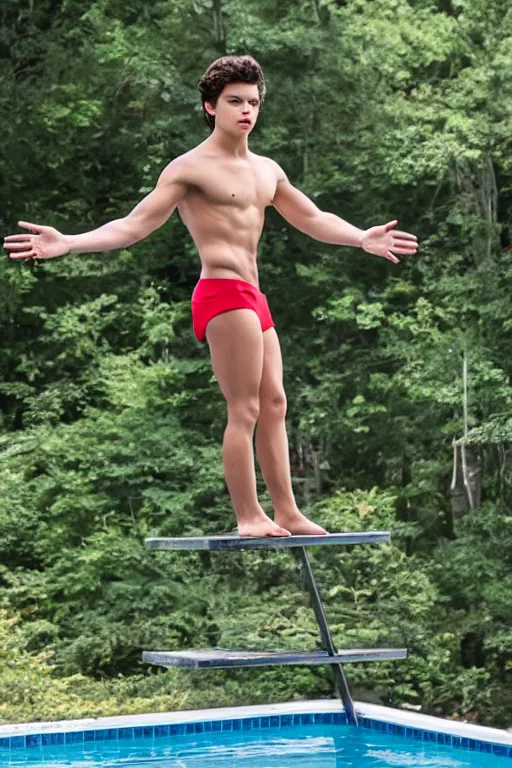 Image similar to skinny young jake t. austin standing on the diving board, red weapon 8 k s 3 5, cooke anamorphic / i lenses, highly detailed, cinematic lighting