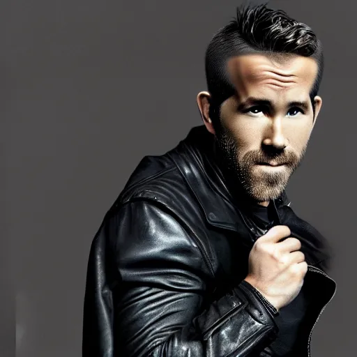Prompt: high quality portrait of ryan reynolds frowning in a black leather jacket and black t - shirt catching thor's hammer