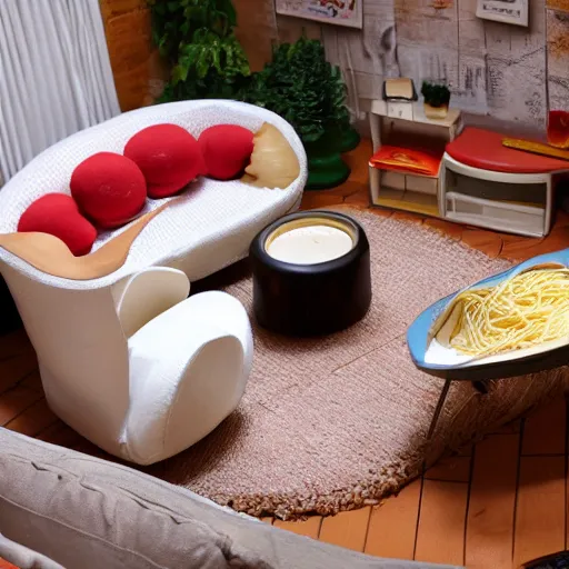 Image similar to spaghetti and meatballs shaped into a living room set