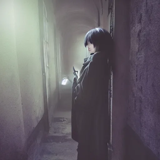 Image similar to 1 7 - year - old goth girl, black hair, long bob cut, long bangs, gothic coat, dark hallways, soft lighting, glowing keypads, secret society, roman pillars, strong lighting, strong shadows, vivid hues, ultra - realistic, sharp details, subsurface scattering, intricate details, hd anime, 2 0 1 9 anime