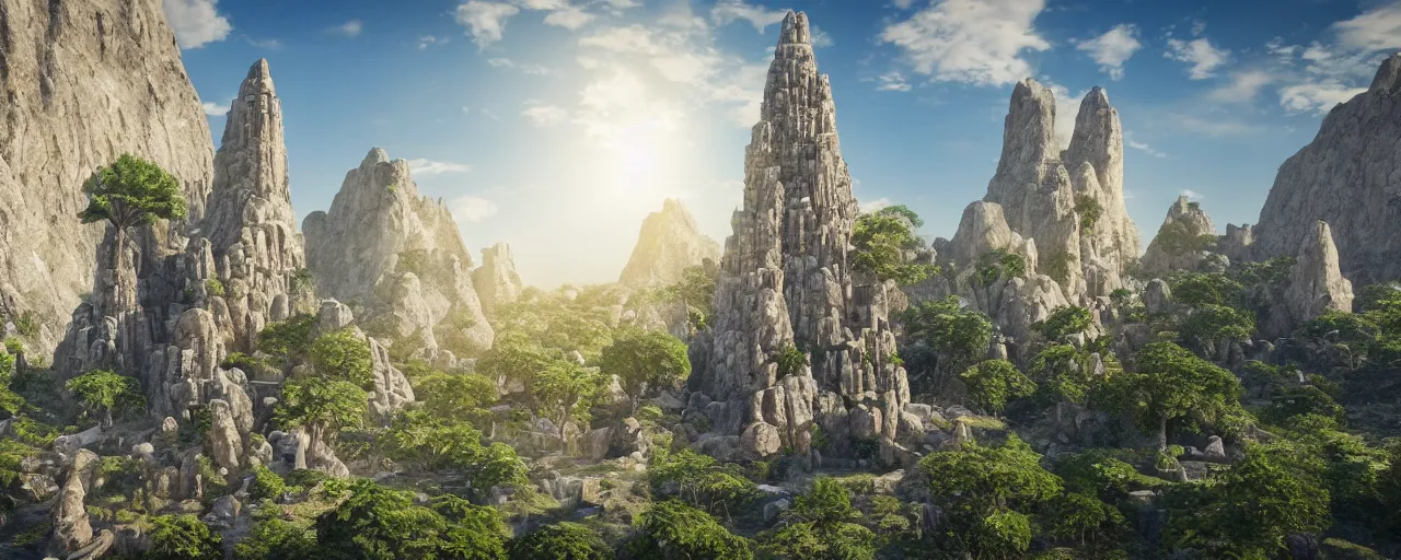 Image similar to single tower, golden babylon tower, beight stone, sacred ancient architecture, hanging gardens, cascading highrise, arid mountains with lush palm forest, sunlight, post - production, octane, cgi, sfx