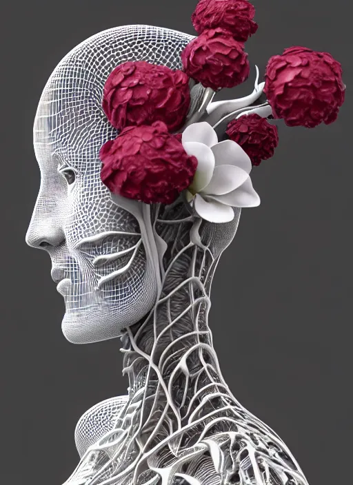 Image similar to complex 3d render ultra detailed of a beautiful porcelain profile woman face, mechanical vegetal cyborg, 150 mm, beautiful studio soft light, rim light, silver details, magnolia big filigran leaves and stems, roots, fine foliage lace, mesh wire, Alexander Mcqueen haute couture, intricate details, hyperrealistic, mandelbrot fractal, anatomical, red lips, silver metal armor, facial muscles, cable wires, microchip, elegant, white background, beautiful white teeth, octane render, H.R. Giger style, 8k