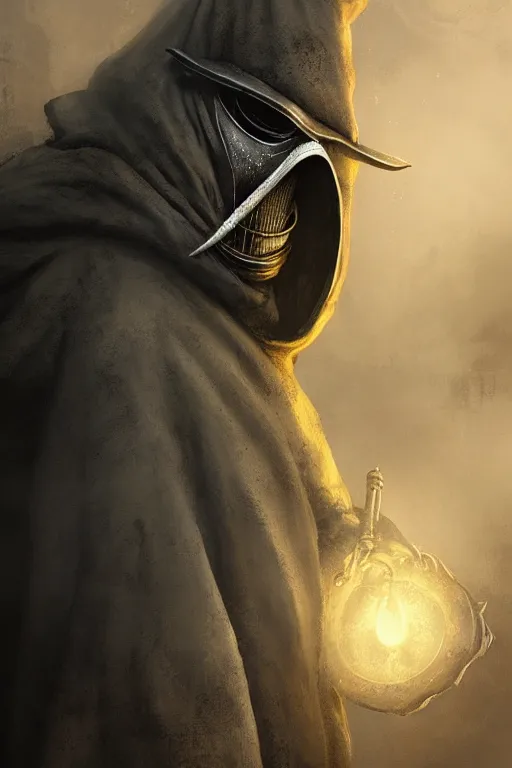 Prompt: A closeup of a Plague Doctor by Greg Rutkowski, Bloodborne, 4k photorealistic, volumetric lighting, HD, high details, dramatic, dark atmosphere, trending on artstation