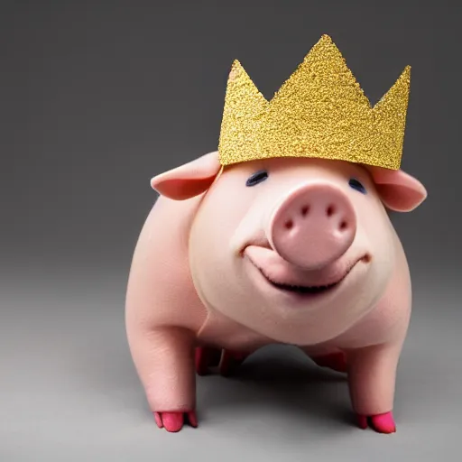 Prompt: studio photograph of a happy pig wearing a gold crown depicted as a muppet, jumping, full body