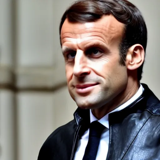 Image similar to emmanuel macron wearing a black leather jacket, biker, rock n roll