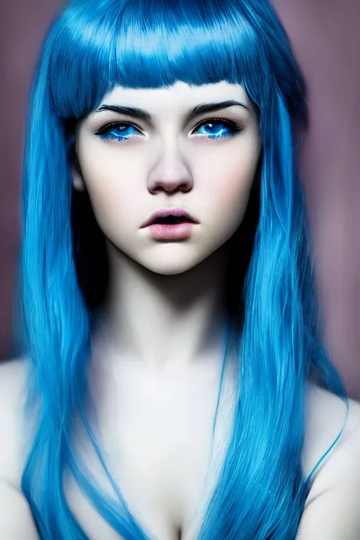 Image similar to hd photograph of a pretty girl with blue hair, close up portrait, skin texture, in the style of ilya kuvshinov, dramatic lighting, fantasy, intricate, elegant, highly detailed, lifelike, photorealistic, digital painting, bokeh, hdr, high resolution, unsplash, smooth, sharp focus, art by krenz cushart and albert aublet