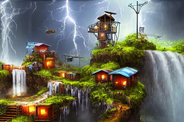 Image similar to waterfall favela honeybee hive, mission environment, lightning, industrial factory, award winning art, epic dreamlike fantasy landscape, ultra realistic,