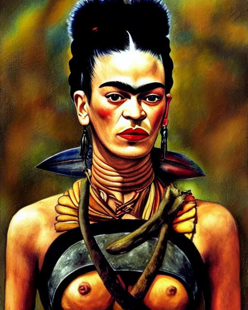 Image similar to portrait of a skinny punk frida kahlo wearing armor by simon bisley, john blance, frank frazetta, fantasy, thief warrior