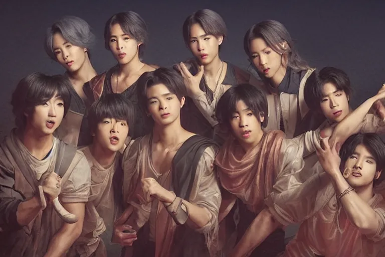 Image similar to an ultra detailed matte portrait of the bts singers in a baroque style, 8 k, volumetric lighting, smooth, highly detailed, digital illustration, art by greg rutkowski and akira toriyama and artgerm