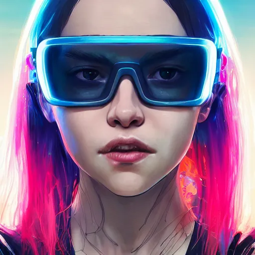 Prompt: highly detailed portrait of a young cyberpunk emilia clarke with AR glasses, wavy vibrant red hair, blue eyes, cybernetic implants, neon, by Dustin Nguyen, Akihiko Yoshida, Greg Tocchini, Greg Rutkowski, Cliff Chiang, 4k resolution, nier:automata inspired, bravely default inspired, cyberpunk background