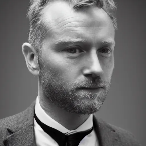 Image similar to a black and white photo of thom in a suit, a portrait by John E. Berninger, behance, private press, ultrafine detail, chiaroscuro, studio portrait