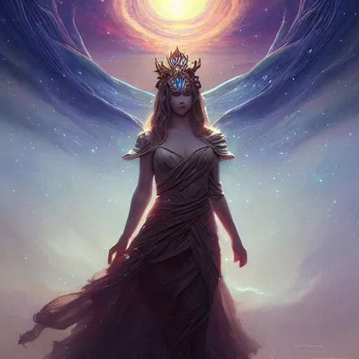 Image similar to star goddess, fine art, awesome fantasy book cover on pinterest, award winning, dark fantasy landscape, fantasy magic, intricate, elegant, sharp focus, cinematic lighting, highly detailed, digital painting, concept art, art by wlop and artgerm and greg rutkowski, masterpiece, trending on artstation, 8 k