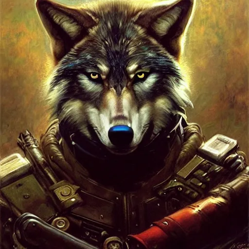 Image similar to portrait of a wolf in uniform as a captain. shadowrun furaffiniy cyberpunk fantasy highly detailed painting by gaston bussiere craig mullins jc leyendecker gustav klimt artgerm greg rutkowski john berkey, bergey, craig mullins, ruan jia, raymond swanland, jeremy mann, tom lovell, alex malveda