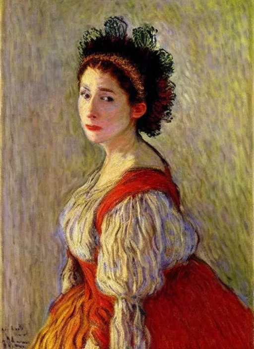 Image similar to portrait of young woman in renaissance dress and renaissance headdress, art by claude monet