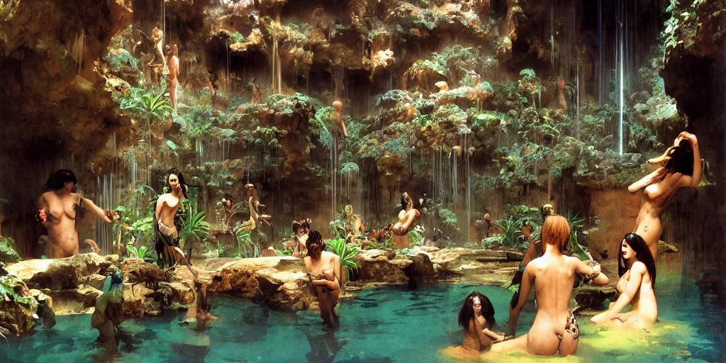 Image similar to a tropical cave that renovate as a luxury interior as a harem of beautiful women bathe in the waters and surround our protagonist by syd mead, frank frazetta, ken kelly, simon bisley, richard corben, william - adolphe bouguereau, detailed concept art