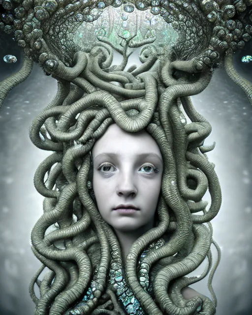 Prompt: surreal mythical dreamy underwater artistic bw 3 d render of a translucent beautiful young female angelic - medusa - vegetal - cyborg covered with fish scales and algae, highly detailed, intricate crystal ivy jelly fish scales ornate, poetic, octane render, 8 k, photo - realistic, by diane arbus in the style of gustave dore and pre - raphaelites