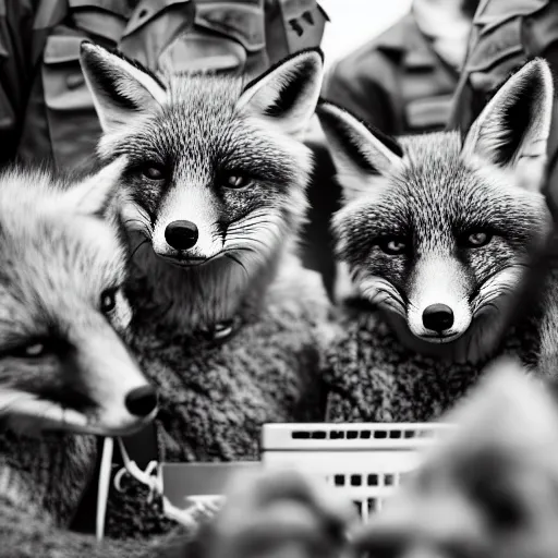 Image similar to a group of fox animals dressed in modern american military soldier uniforms, laughing at a computer, 8 5 mm f / 1. 4