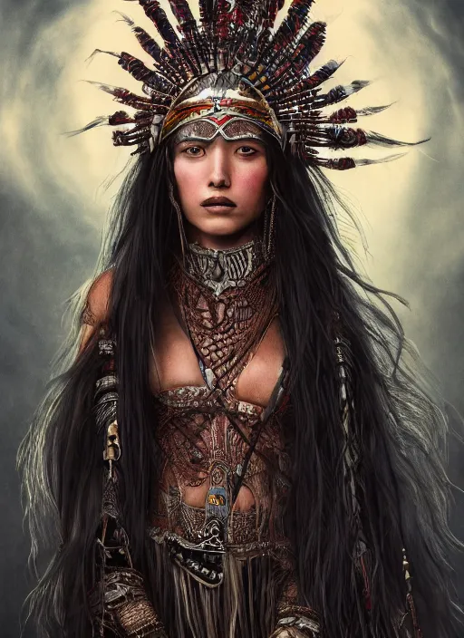 Image similar to hyper detailed image of an Redskin warrior princess wearing a headdress, intricate, elegant, long black hair, hd, 8k, muted colors,