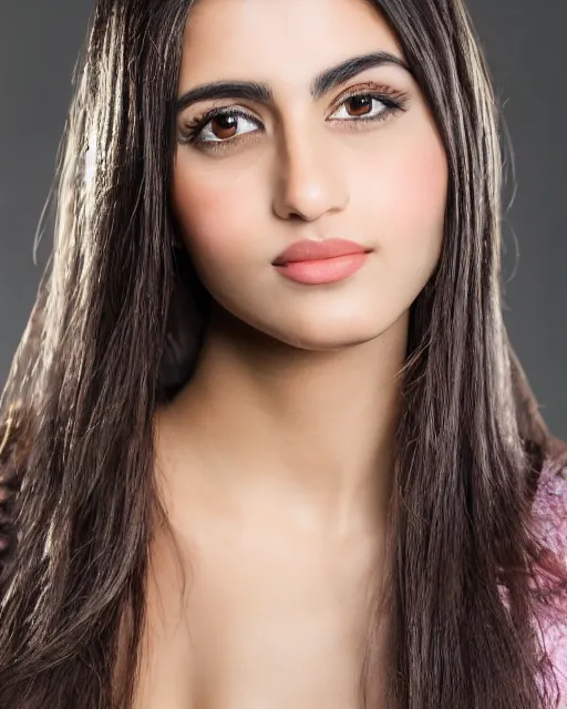 Prompt: a highly realistic, true to life portrait of a beautiful young middle eastern girl, with a symmetrical face, sharp focus, from the waist up, with sharp features, a beautiful face, soft smile, under studio lighting, taken with a canon eos camera with 1 3 5 mm focal length