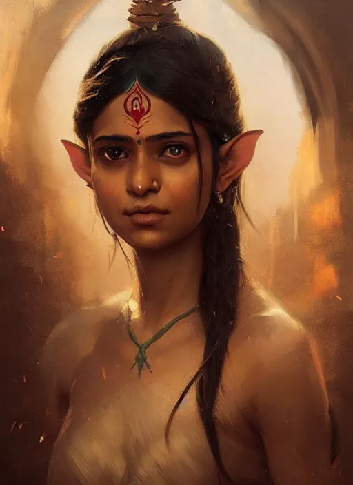 Image similar to Portrait of Indian girl with elven ears, realistic, detailed, 4k by Greg Rutkowski Mark Arian trending on artstation