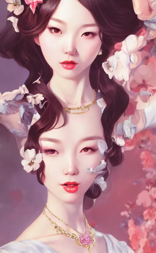 Image similar to a pin up and beautiful fashion charming dreamlke korea girl with lv jewelry, character art, art by artgerm lau and kyoung hwan kim and and ilya kuvshinov and john singer sargent, hyperdetailed, 8 k realistic, symmetrical, frostbite 3 engine, cryengine, dof, trending on artstation, digital art