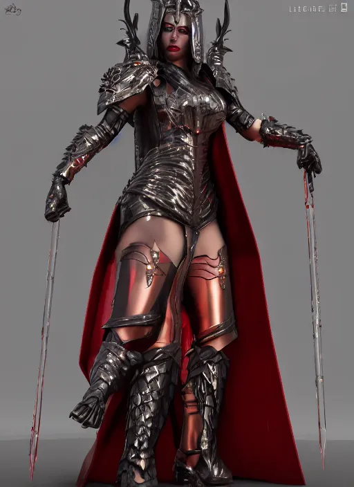 Image similar to Goddess Hades wearing leather fantasy battle armor with a red cloak by Ilya Kushvikov, symmetrical face concept art, octane render unreal engine meta humans, trending on artstation