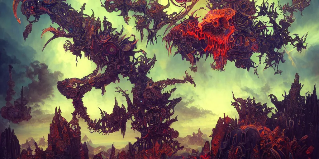 Image similar to gigantic demonic cosmic skull of death, outer space, fantasy painting, ultra realistic, dmt, symmetrical, wide angle, intricate details, digital painting, rainbowshift, vivid colors, highly detailed by peter mohrbacher, h. r. giger, maxfield parrish, alphonse mucha, craig mullins, octane render, cgi