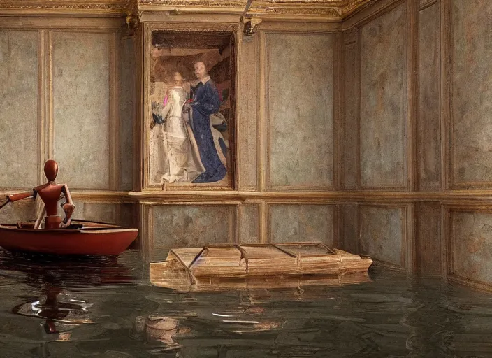 Prompt: a portrait of a humanoid robot sitting in a small boat in a renaissance castle room flooded with water, half figure,