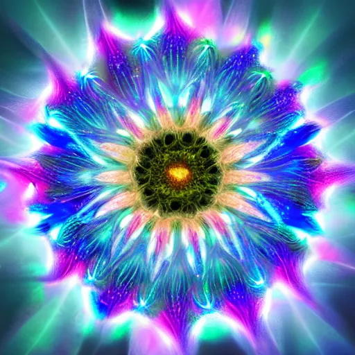 Image similar to a fractalizing crystalline sunflower, bioluminescent opal, magnificent lighting, ethereal, ray tracing