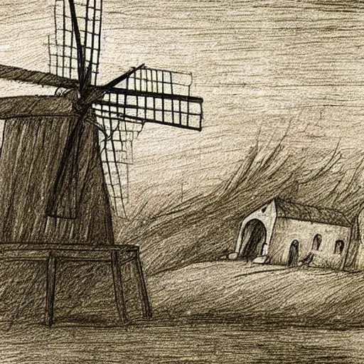 Prompt: old pencil sketch by leonardo davinci of a windmill, detailed technical sketch, anotation, quotes, monochromatic, sepia tones, old paper