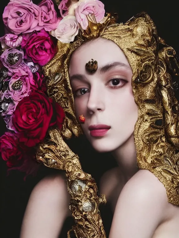 Image similar to a 65mm fashion headshot portrait of a catholic veiled Princess who has rococo dramatic headdress with roses,by Annie Stegg and Jovana Rikalo and VICTOR NIZOVTSEV and Nekro and Billelis, GUCCI,DIOR,avian-inspired,beaded embroidery,trending on pinterest,hyperreal,Kintsukuroi,gold,maximalist