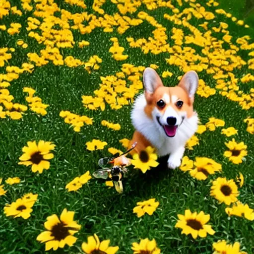 Prompt: corgi flying around flowers as a bee, cute, happy, realistic, sparkling petals, action shot