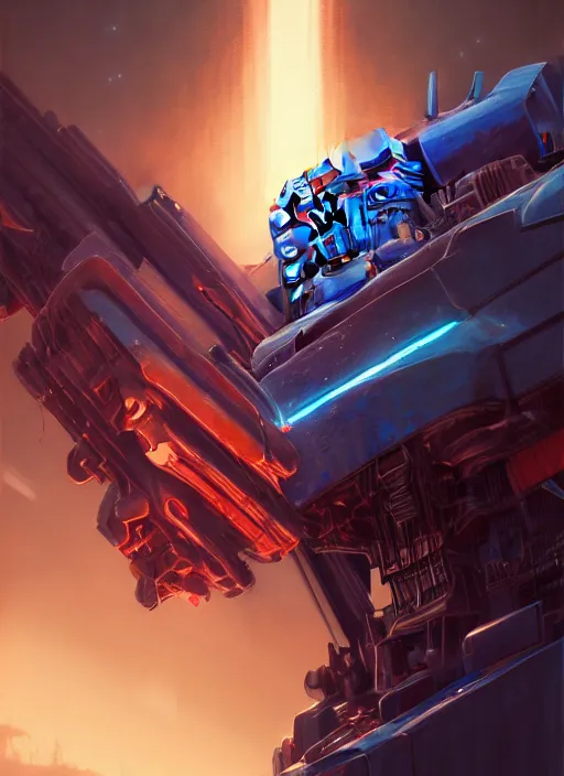 Prompt: Highly detailed portrait of Optimus Prime, Stephen Bliss, unreal engine, fantasy art by Greg Rutkowski, Loish, Rhads, Makoto Shinkai and Lois van baarle, ilya kuvshinov, rossdraws, Tom Bagshaw, global illumination, radiant light, detailed and intricate environment