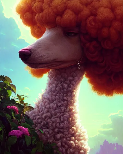 Image similar to highly detailed surreal vfx portrait of a sacred poodle, stephen bliss, unreal engine, greg rutkowski, loish, rhads, beeple, makoto shinkai and lois van baarle, ilya kuvshinov, rossdraws, tom bagshaw, alphonse mucha, global illumination, detailed and intricate environment