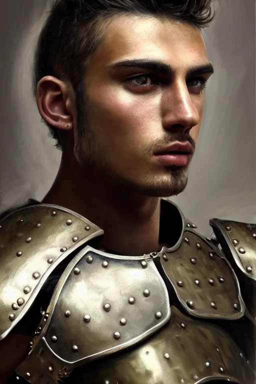 Image similar to a photorealistically painted portrait of a rugged young man, partially clothed in metal-plated battle armor, with an abstractly painted background, flawless olive skin, fair complexion, long dark hair, beautiful bone structure, perfectly symmetric facial features, perfect photorealistic eyes, natural physique, intricate, elegant, digital painting, concept art, finely detailed, beautifully illustrated, sharp focus, minimal artifacts, volumetric lighting, from DOOM and Halo, by Ruan Jia and Mandy Jurgens and Artgerm and William-Adolphe Bouguerea, in the style of Greg Rutkowski, trending on Artstation, award winning art