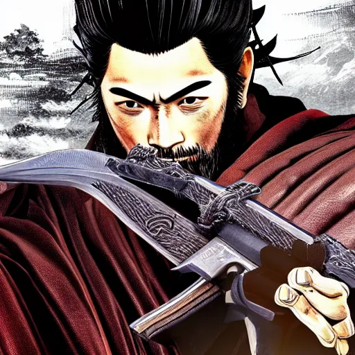 Image similar to isshin sword saint holding a glock, sekiro, detailed