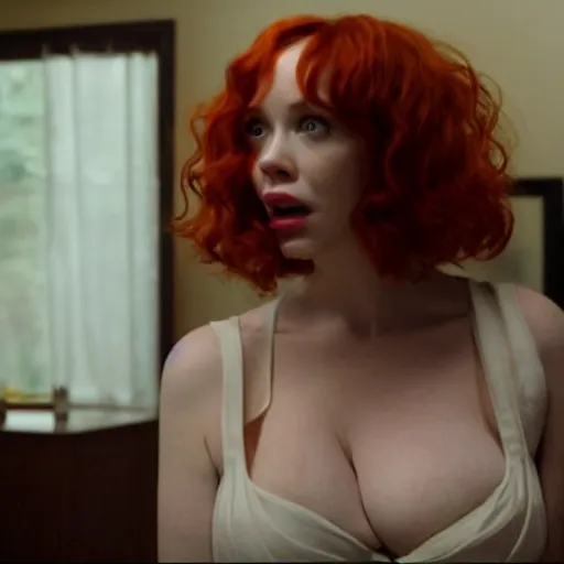 Image similar to amazing beautiful Christina Hendricks with mouth wide open in the living room, film still from the movie directed by Denis Villeneuve , wide lens