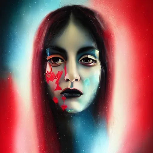 Prompt: masterpiece dynamic portrait of an aesthetic beautiful realistic black haired woman protesting, 3 0 years old woman, mid long hair, black eyed, red peace and love symbol on the cheek, digital painting by john howe, atmospheric red effects, sparkles, artstation, deviantart, large view, motion blur, black background